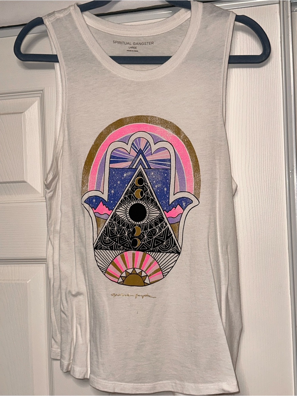 Spiritual Gangster White Hamsa Graphic Tank — Pink, Gold & Blue Accents
